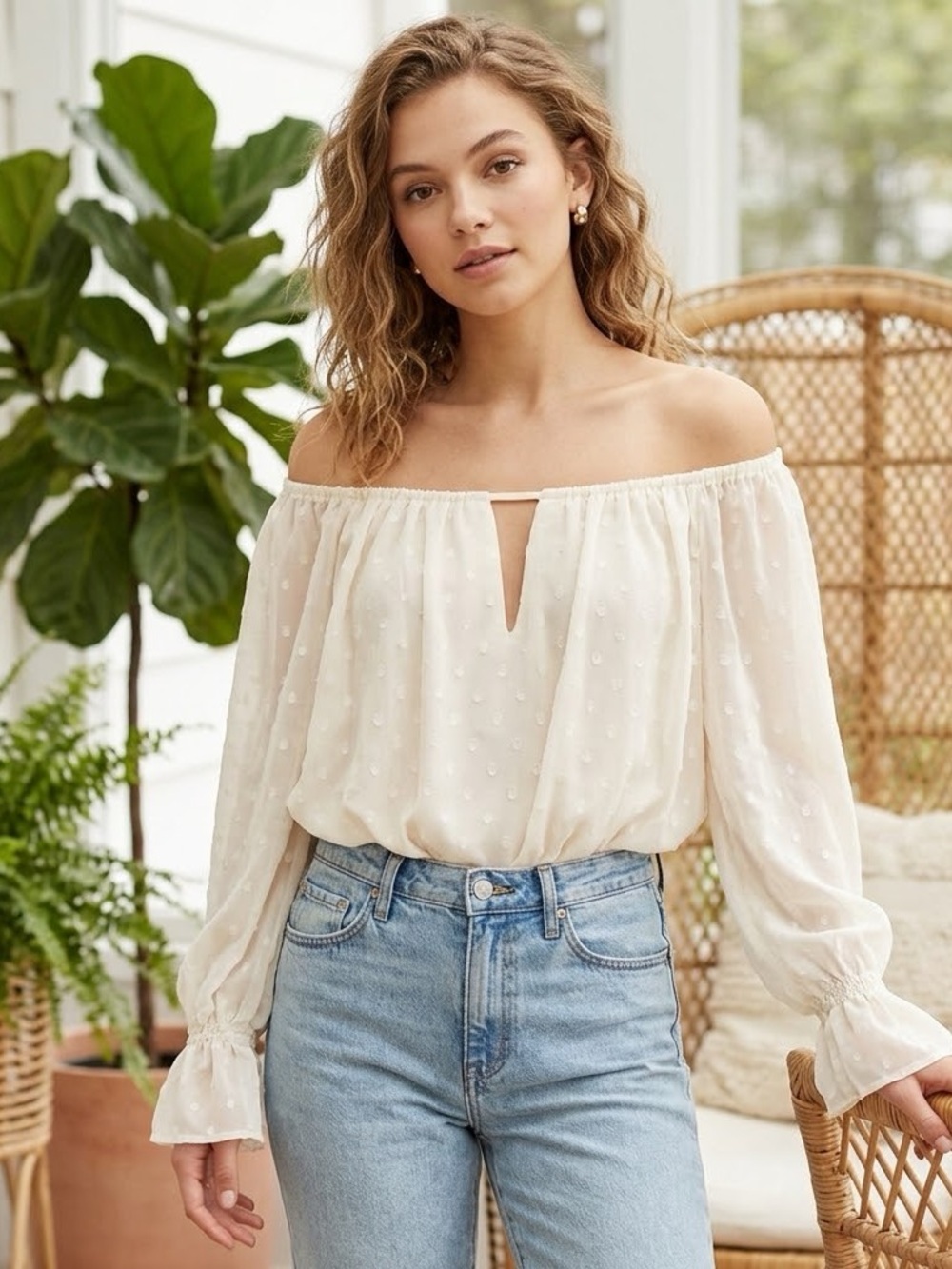 Express Women size S white Ivory chiffon peasant bodysuit Top Off The Shoulder